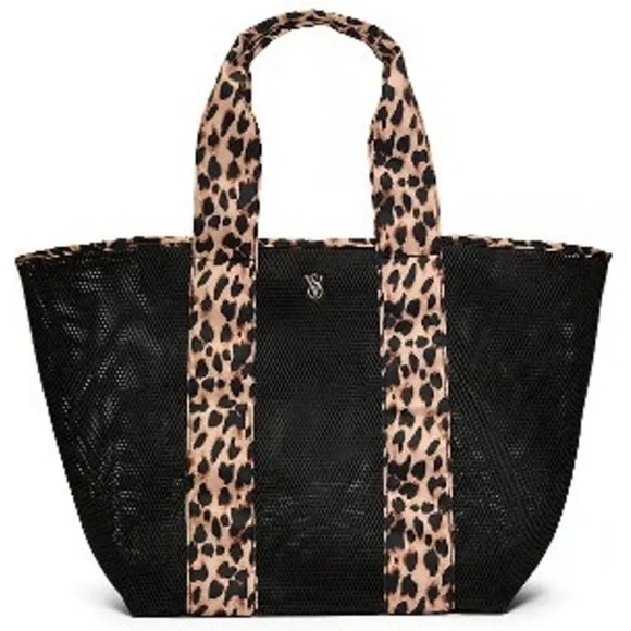 VS Leopard Print Black Mesh Tote Top Zip Closure Bag 14"L x 15"H x 10"D - Picture 1 of 7